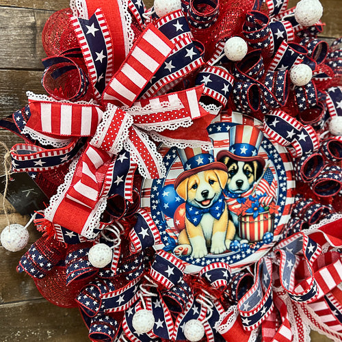 Red Americana Puppies Wreath