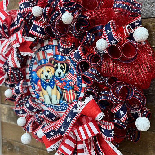 Red Americana Puppies Wreath