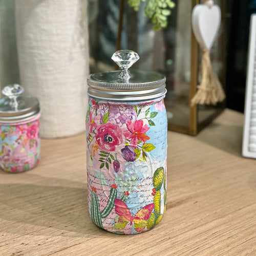 Cactus Pink Decoupaged Jar